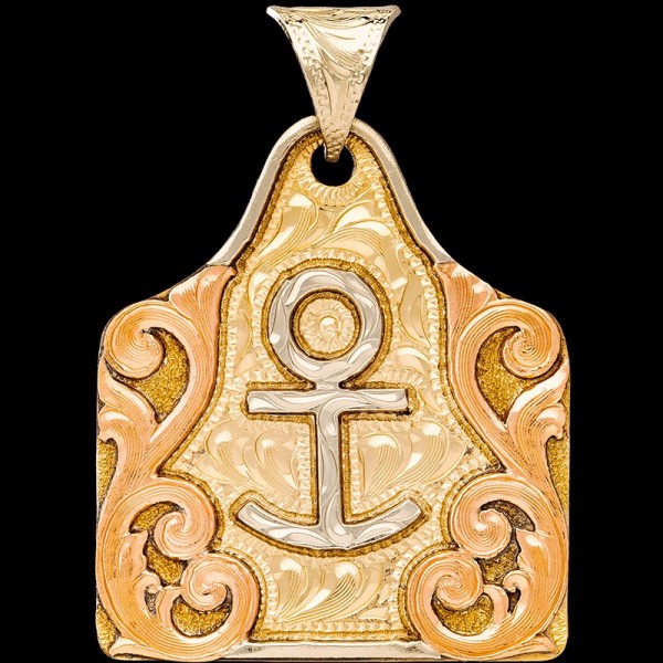 Blackjack, Jewelers Bronze base 1.75"x1.50". German Silver Ranch Logo and line edge. Hand engraved Copper scrollwork frames the cow tag.

Chain not includ